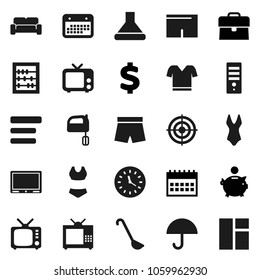 Flat vector icon set - ladle vector, mixer, abacus, piggy bank, case, calendar, dollar sign, shorts, swimsuite, t shirt, target, clock, umbrella, tv, menu, cushioned furniture, hood, computer