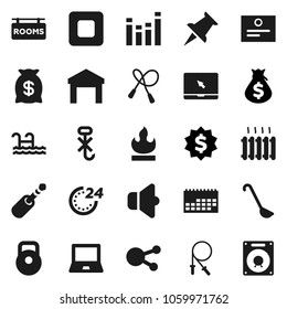 Flat vector icon set - ladle vector, notebook pc, certificate, money bag, dollar medal, weight, jump rope, calendar, no hook, warehouse, flammable, speaker, equalizer, social media, thumbtack, jack