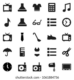 Flat vector icon set - ladle vector, mixer, glasses, scissors, music, clock, tie, snickers, swimsuite, t shirt, umbrella, radio, tv, menu, calculator, hood, computer
