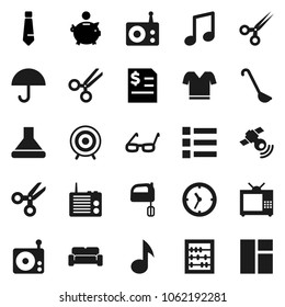 Flat vector icon set - ladle vector, mixer, glasses, scissors, abacus, music, piggy bank, annual report, tie, t shirt, target, clock, umbrella, radio, satellitie, cushioned furniture, tv, menu, hood