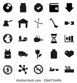Flat vector icon set - ladle vector, turk coffee, jar, chicken leg, backpack, constellation, dollar coin, graph, pie, wallet, sand clock, arrow down, molecule, no smoking, earth, ship, car, port