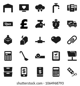 Flat vector icon set - ladle vector, calculator, alarm clock, archive, pound, heart monitor, package, eye doctor hat, connect, network folder, cloud exchange, server, attachment, water supply, barn