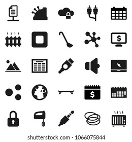 Flat vector icon set - ladle vector, schedule, dollar calendar, monitor, skateboard, molecule, hoop, earth, speaker, notebook pc, stop button, rca, hdmi, jack, cloud lock, share, network document