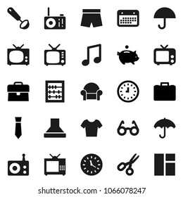 Flat vector icon set - ladle vector, glasses, scissors, abacus, music, piggy bank, case, clock, tie, shorts, t shirt, calendar, umbrella, radio, tv, cushioned furniture, hood, window