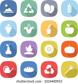 flat vector icon set - landscape vector, recycle, eggs, spike, grape, corn, seedling, apple, pear, sprouting, flower, pumpkin, watering can, bread, recycling, rake