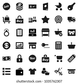 Flat vector icon set - laptop graph vector, wallet, target, barcode, gift, dollar coin, cash, star, sale, new, market, store, mall, customer, buy, basket, cart, shopping list, calculator, trolley