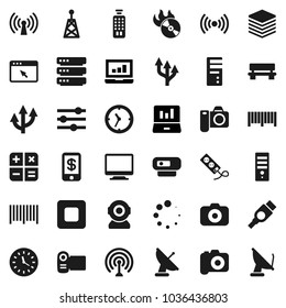 Flat vector icon set - laptop graph vector, clock, music hit, camera, antenna, remote control, stop button, hdmi, big data, browser, equalizer, bench, loading, route arrow, wireless, barcode, video