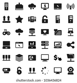 Flat vector icon set - laptop graph vector, monitor dollar, cursor, heart, top sign, gamepad, notebook pc, favorites, server, network, folder, cloud exchange, big data, browser, lan connector, share