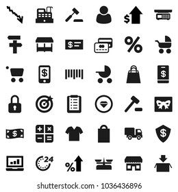 Flat vector icon set - laptop graph vector, crisis, percent growth, dollar, barcode, gift, credit card, cash, 24 hour, shopping bag, market, store, customer, target, cashbox, cart, list, calculator