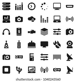Flat vector icon set - laptop graph vector, clock, music hit, camera, antenna, equalizer, remote control, headphones, stop button, hdmi, cloud lock, big data, lan connector, loading, route arrow
