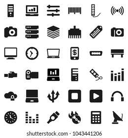 Flat vector icon set - laptop graph vector, clock, barcode, music hit, camera, equalizer, headphones, notebook pc, play button, stop, hdmi, cloud lock, big data, lan connector, bench, route arrow