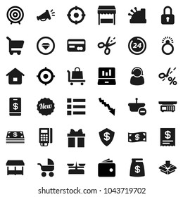 Flat vector icon set - laptop graph vector, wallet, crisis, target, gift, credit card, cash, money bag, new, 24 hour, market, support, reader, cashbox, receipt, basket, cart, home, trolley, lock