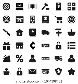 Flat vector icon set - laptop graph vector, crisis, target, cent sign, office, barcode, gift, open, closed, 24 hour, percent, customer, support, cashbox, receipt, basket, cart, home, calculator