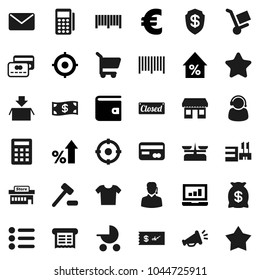Flat vector icon set - laptop graph vector, wallet, percent growth, target, euro sign, office, credit card, cash, star, money bag, closed, mall, support, barcode, reader, receipt, cart, calculator
