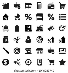 Flat vector icon set - laptop graph vector, crisis, percent growth, dollar, target, office, coin, money bag, 24 hour, shopping, market, customer, card reader, cashbox, basket, cart, trolley, mail