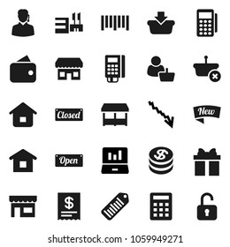 Flat vector icon set - laptop graph vector, crisis, barcode, gift, dollar coin, wallet, new, open, closed, market, store, mall, customer, support, card reader, receipt, basket, home, calculator