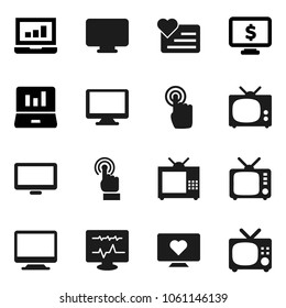 Flat vector icon set - laptop graph vector, monitor dollar, heart, tv, touchscreen, diagnostic