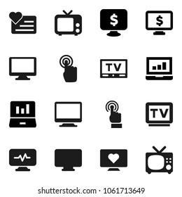 Flat vector icon set - laptop graph vector, monitor dollar, heart, tv, touchscreen, diagnostic