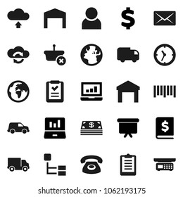 Flat vector icon set - laptop graph vector, annual report, presentation board, dollar sign, clipboard, earth, delivery, car, clock, warehouse, barcode, cloud exchange, upload, mail, hierarchy, user