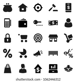 Flat vector icon set - laptop graph vector, wallet, dollar growth, target, office, cash, shopping bag, percent, customer, support, barcode, card reader, cart, home, auction, trolley, loudspeaker