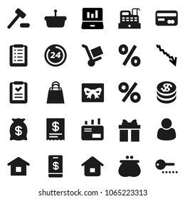 Flat vector icon set - laptop graph vector, crisis, gift, credit card, dollar coin, wallet, money bag, 24 hour, shopping, percent, customer, cashbox, receipt, basket, home, list, auction, trolley