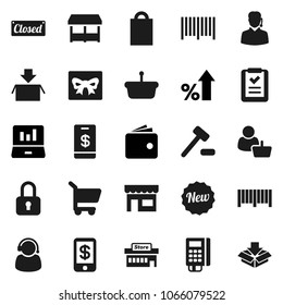 Flat vector icon set - laptop graph vector, wallet, percent growth, gift, new, closed, shopping bag, market, store, mall, customer, support, barcode, card reader, basket, cart, list, auction, lock
