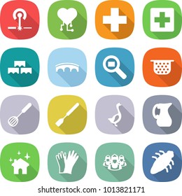 flat vector icon set - laser vector, cardio chip, medical cross, block wall, bridge, cargo search, colander, whisk, spatula, goose, jug, house cleaning, gloves, outsource, bug