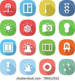 flat vector icon set - laser vector, window, outdoor light, traffic, sun, disco ball, camera, bulb, power switch, alarm, led, siren, shining