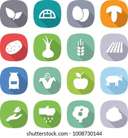flat vector icon set - leafs vector, greenhouse, eggs, mushroom, potato, onion, spike, field, flour, corn, apple, sheep, hand leaf, sow, garden, pile of garbage