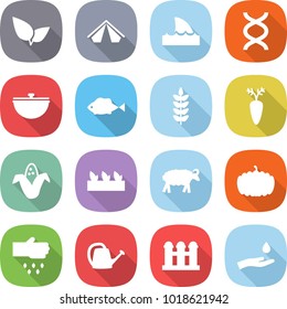 flat vector icon set - leafs vector, tent, shark flipper, dna, cauldron, fish, spike, carrot, corn, seedling, sheep, pumpkin, sow, watering can, grain elevator, hand and drop
