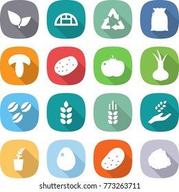 flat vector icon set - leafs vector, greenhouse, recycle, flour, mushroom, potato, tomato, onion, coffee seeds, spike, harvest, seedling, egg, pile of garbage