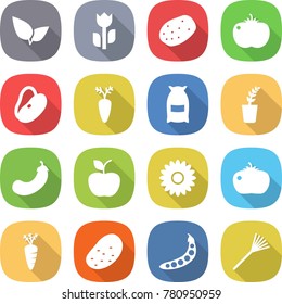 flat vector icon set - leafs vector, perishable, potato, tomato, beans, carrot, flour, seedling, eggplant, apple, flower, peas, rake