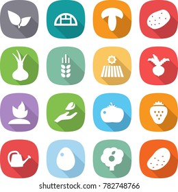 flat vector icon set - leafs vector, greenhouse, mushroom, potato, onion, spike, field, beet, sprouting, hand leaf, tomato, strawberry, watering can, egg, garden