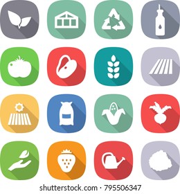 flat vector icon set - leafs vector, greenhouse, recycle, vegetable oil, tomato, beans, spike, field, flour, corn, beet, hand leaf, strawberry, watering can, pile of garbage