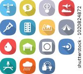 flat vector icon set - lighthouse vector, money message, bulb brain, weather management, crutch, pills blister, project, tent, drop, garage, ring button, photon, drawing pen, rain cloud