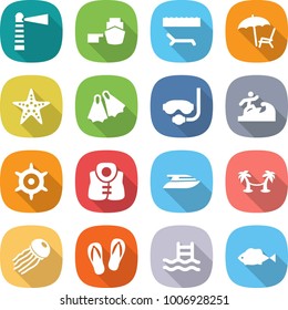 flat vector icon set - lighthouse vector, port, lounger, starfish, flippers, diving mask, surfer, handwheel, life vest, yacht, palm hammock, jellyfish, flip flops, pool, fish
