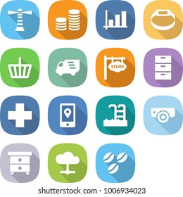 flat vector icon set - lighthouse vector, coin stack, graph, smart bracelet, basket, delivery, store signboard, archive, cross, mobile location, pool, surveillance camera, nightstand, cloud