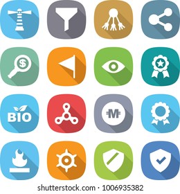 flat vector icon set - lighthouse vector, funnel, share, dollar magnifier, flag, eye, medal, bio, spinner, crypto currency, flammable, handwheel, shield