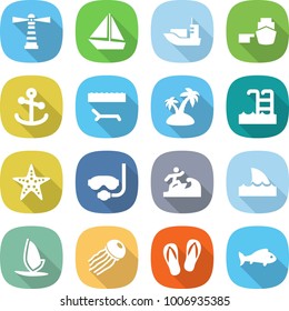 flat vector icon set - lighthouse vector, boat, sea shipping, port, anchor, lounger, island, pool, starfish, diving mask, surfer, shark flipper, windsurfing, jellyfish, flip flops, fish