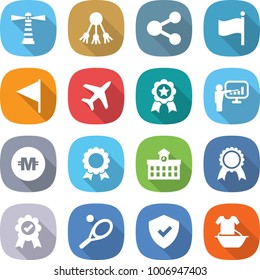 flat vector icon set - lighthouse vector, share, flag, plane, medal, presentation, crypto currency, university, tennis, shield, handle washing