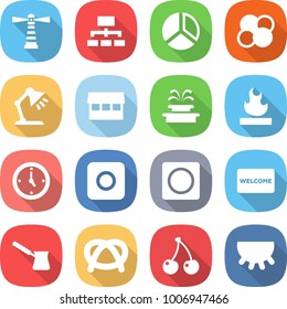 flat vector icon set - lighthouse vector, hierarchy, diagram, atom core, table lamp, market, fountain, flammable, watch, ring button, welcome mat, turk, pretzel, cherry, udder
