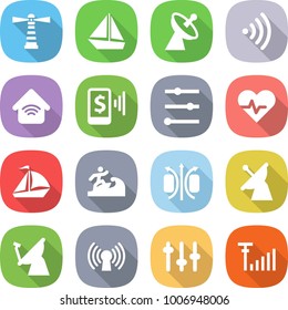 flat vector icon set - lighthouse vector, boat, satellite antenna, wireless, home, mobile pay, equalizer, heart pulse, sail, surfer, magnetic field, setup, signal
