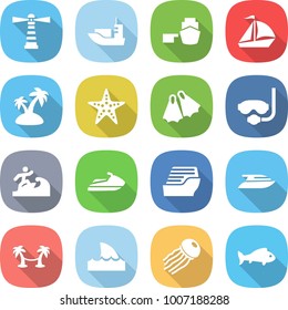flat vector icon set - lighthouse vector, sea shipping, port, sail boat, island, starfish, flippers, diving mask, surfer, jet ski, cruise ship, yacht, palm hammock, shark flipper, jellyfish, fish