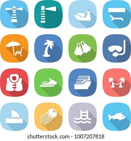 flat vector icon set - lighthouse vector, sea shipping, lounger, palm, flippers, diving mask, life vest, jet ski, cruise ship, hammock, shark flipper, jellyfish, pool, fish