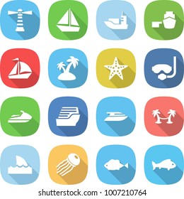 flat vector icon set - lighthouse vector, boat, sea shipping, port, sail, island, starfish, diving mask, jet ski, cruise ship, yacht, palm hammock, shark flipper, jellyfish, fish