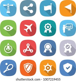 flat vector icon set - lighthouse vector, share, flag, eye, plane, medal, presentation, rocket, spinner, tennis, shield, handwheel