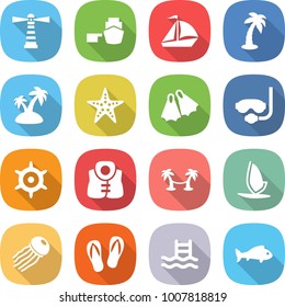 flat vector icon set - lighthouse vector, port, sail boat, palm, island, starfish, flippers, diving mask, handwheel, life vest, hammock, windsurfing, jellyfish, flip flops, pool, fish