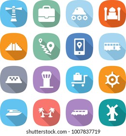 flat vector icon set - lighthouse vector, portfolio, lunar rover, minaret, pyramid, route, mobile location, bus, taxi, airport tower, baggage trolley, handwheel, yacht, palm hammock, speed train