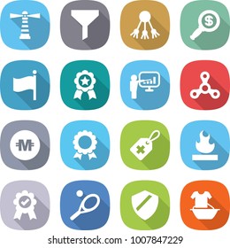 flat vector icon set - lighthouse vector, funnel, share, dollar magnifier, flag, medal, presentation, spinner, crypto currency, medical label, flammable, tennis, shield, handle washing
