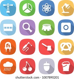 flat vector icon set - lighthouse vector, diagram, atom, table lamp, market, magnifier, stadium, ring button, led, welding, turk, pretzel, rain cloud, cherry, acorn, foam bucket